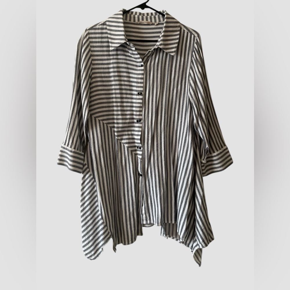 Soft Surroundings Womens Asymmetrical Striped Shirt Tunic Top Lagenlook Gray L - Picture 2 of 12